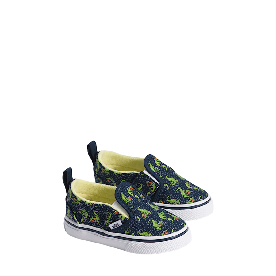 navy vans toddler slip-on with glow-in-the-dark crocodile pattern on a white background