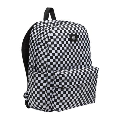Black and white checkered backpack with Vans logo on a white background