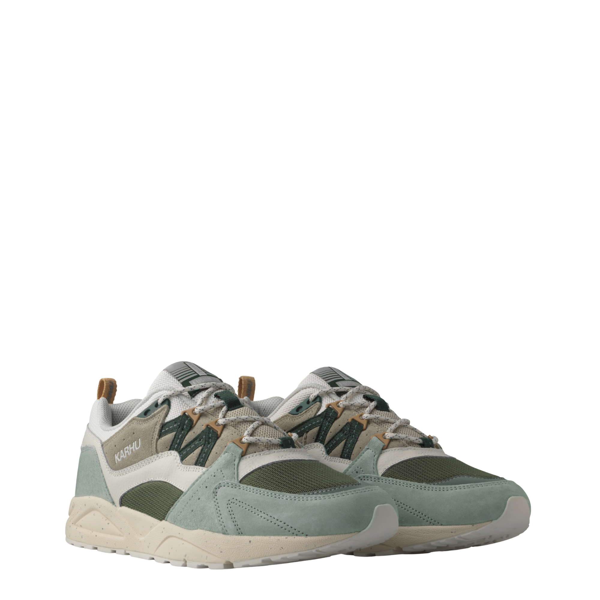 A pair of Karhu fusion 2.0 sneakers in a muted sage green, beige, and dark gray colorway, shown from a three-quarters angle against a plain white background.
