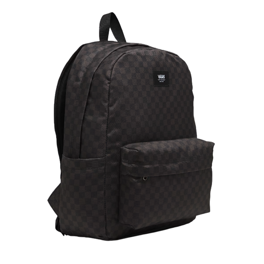 Black checkered backpack with Vans logo on a white background