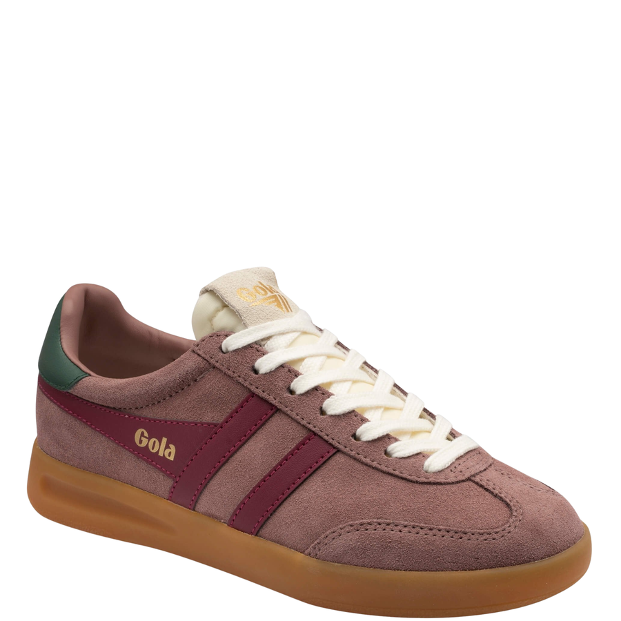 pink gola women's cyclon sneaker with blush pink suede upper, dark pink leather stripes and green leather detail in the back on a white background