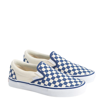 Vans Checkered skate slip-on shoe with blue and white pattern on a white background