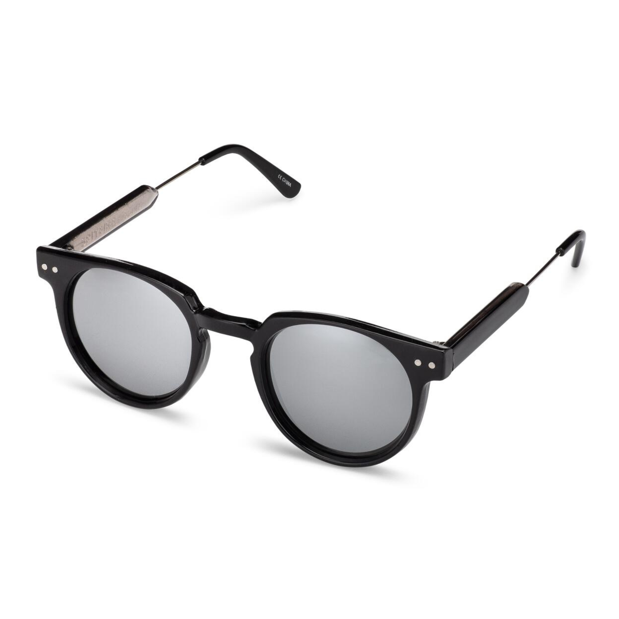 Black spitfire teddy boy sunglasses with reflective lenses on a white background