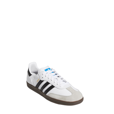 White Adidas samba skateboarding adv sneaker with black stripes and gum sole on a white background