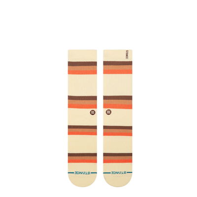 cream stance suns crest crew socks with orange a brown stripes on a white background