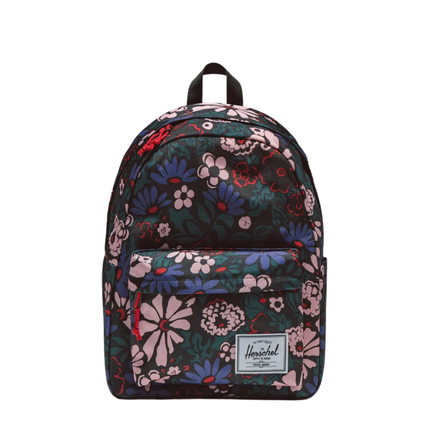 Floral-patterned herschel classic backpack with Herschel logo on a white background