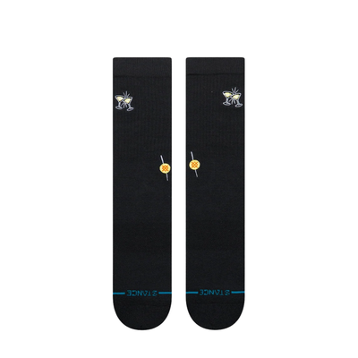 black stance combed cotton crew sock featuring 2 clinking martini glasses and a yellow and red stance logo on a white background