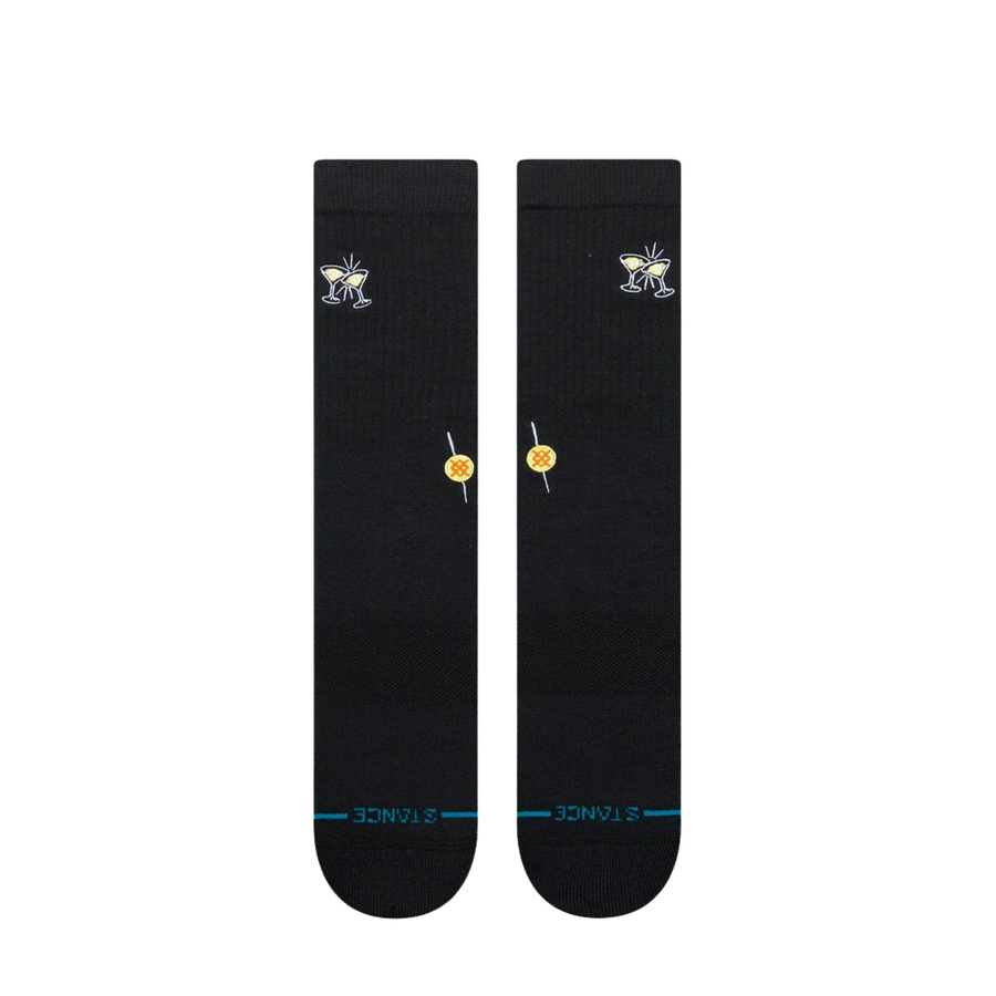 black stance combed cotton crew sock featuring 2 clinking martini glasses and a yellow and red stance logo on a white background