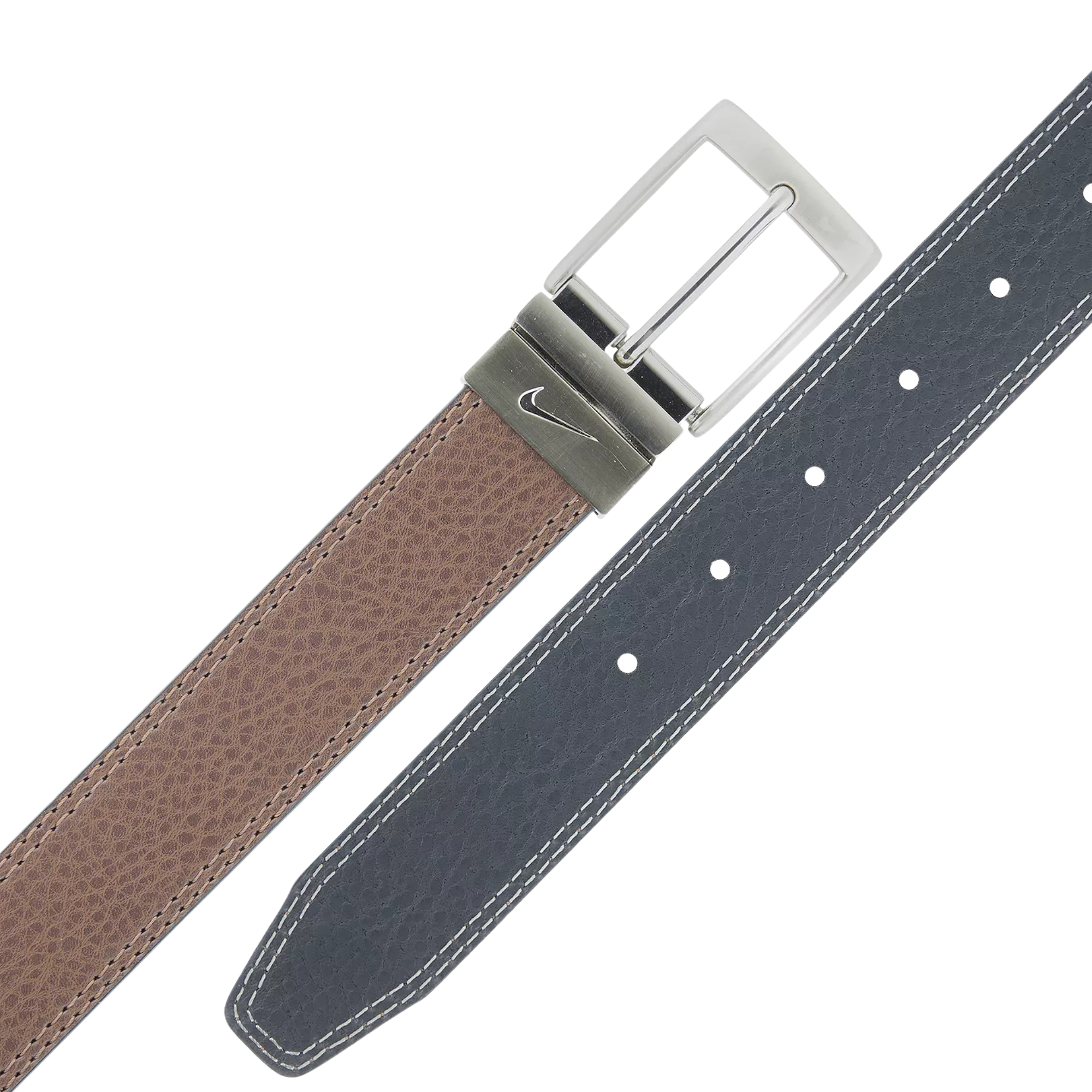 Two belts, one brown and one gray, with a silver buckle on a white background.