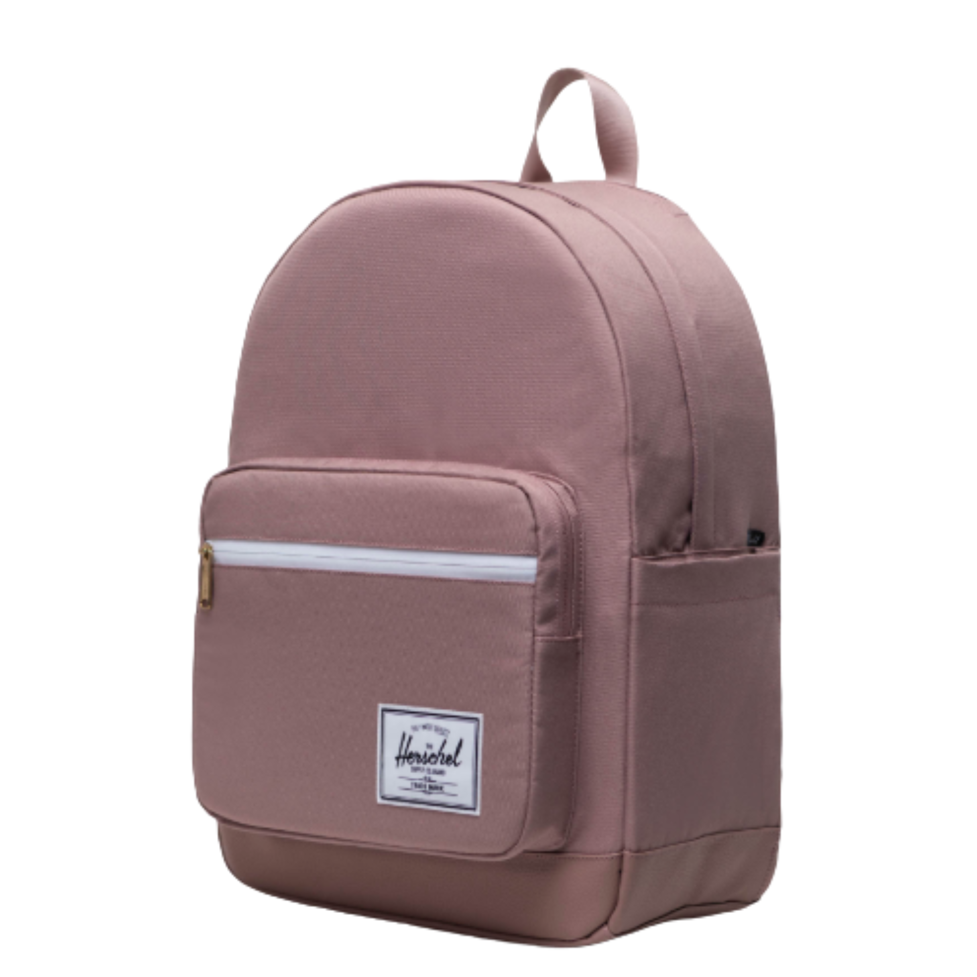 Pink herschel pop quiz backpack with a visible brand logo on a white background