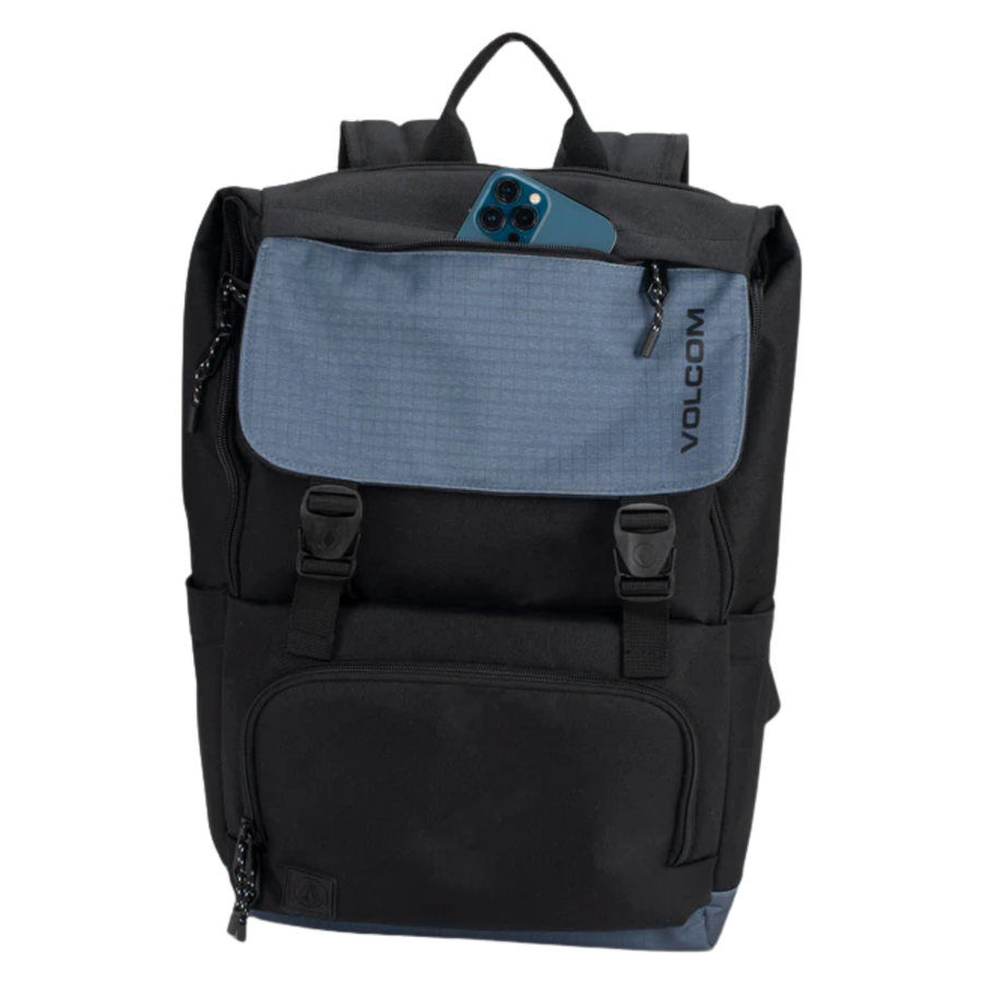 A black and slate blue Volcom backpack with multiple zippered compartments and buckle straps, shown on a plain white background.