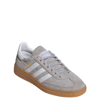 grey adidas handball spezial juniors sneakers with white stripes and gum sole on a white background