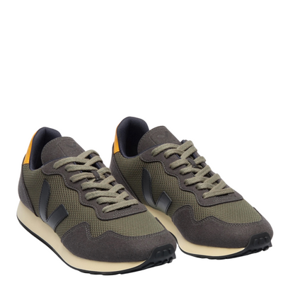 grey and green veja women's sneakers with off white sole and orange detail on the back