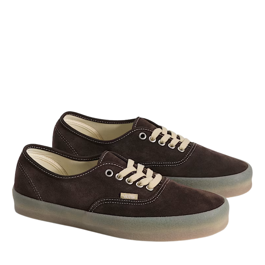 dark brown vans authentic sneaker with a crepe soleon a white background