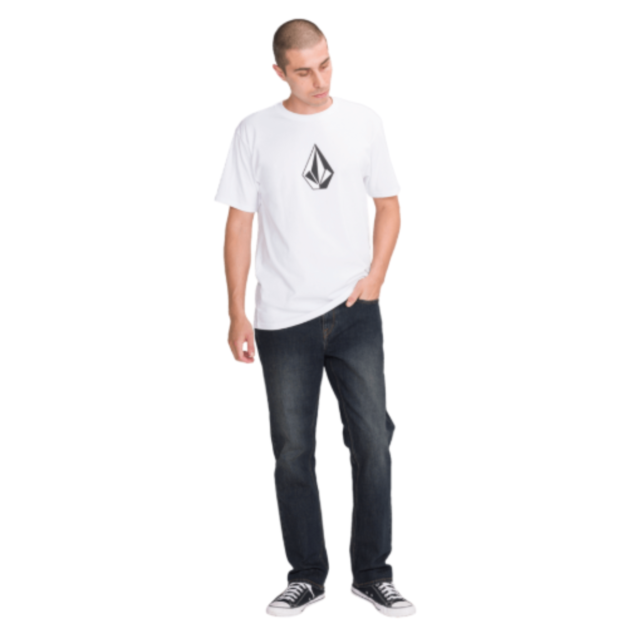 man in a white volcom logo t-shirt wearing dark blue volcom solver denim jeans with black converse all stars on a white background