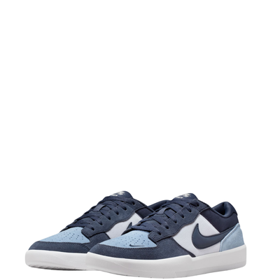 Navy and light blue NIKE SB FORCE 58 men's and women's sneaker with a white sole on a white background