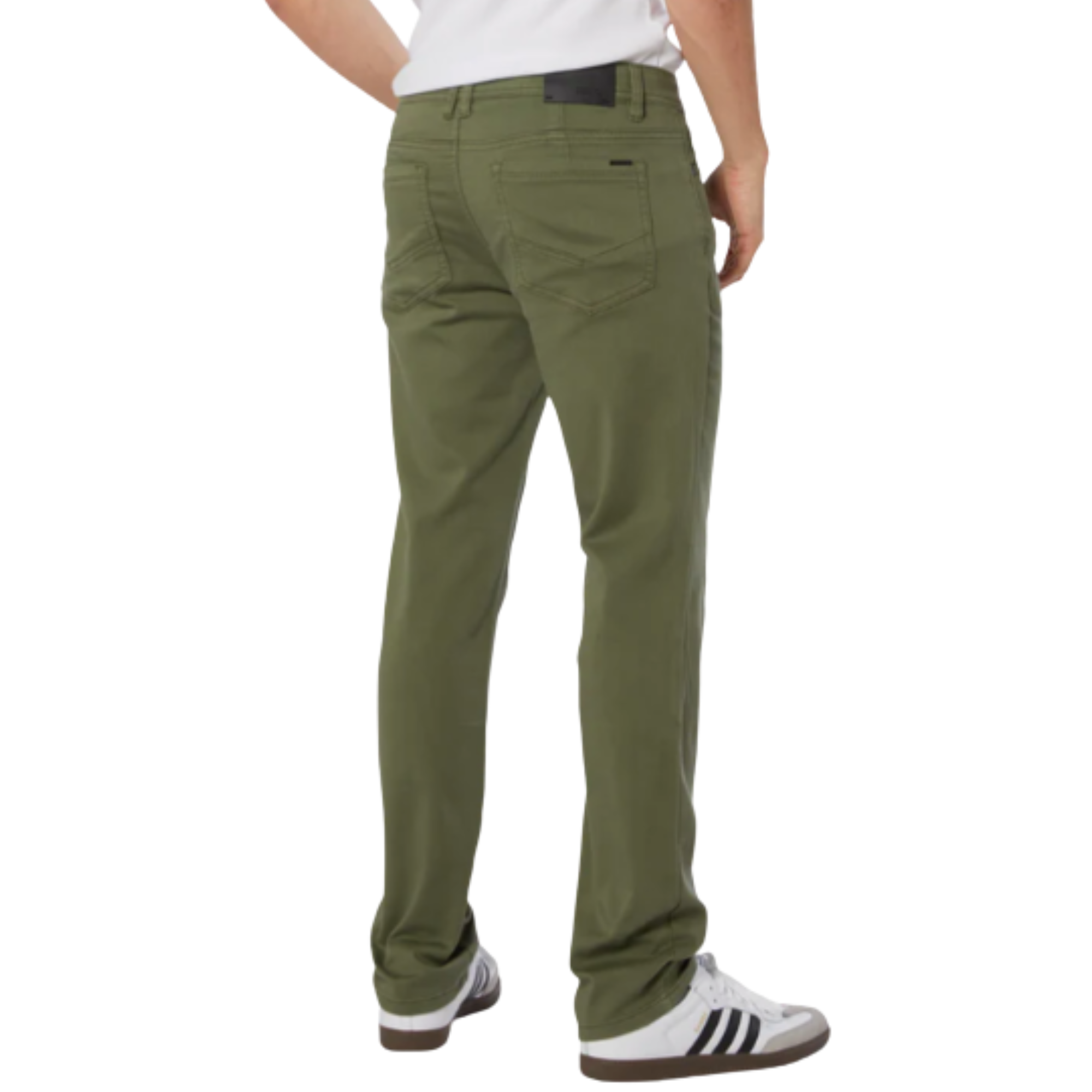 Person wearing military green ezekiel now denim pants on a white background