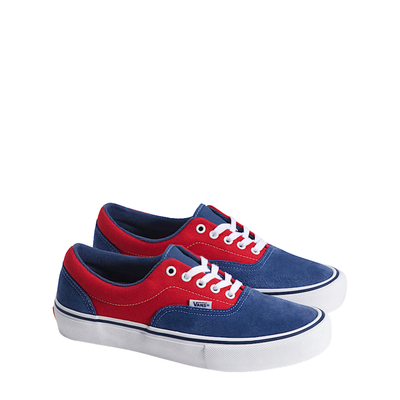 Blue and red vans era skateboard sneaker with white laces on a white background
