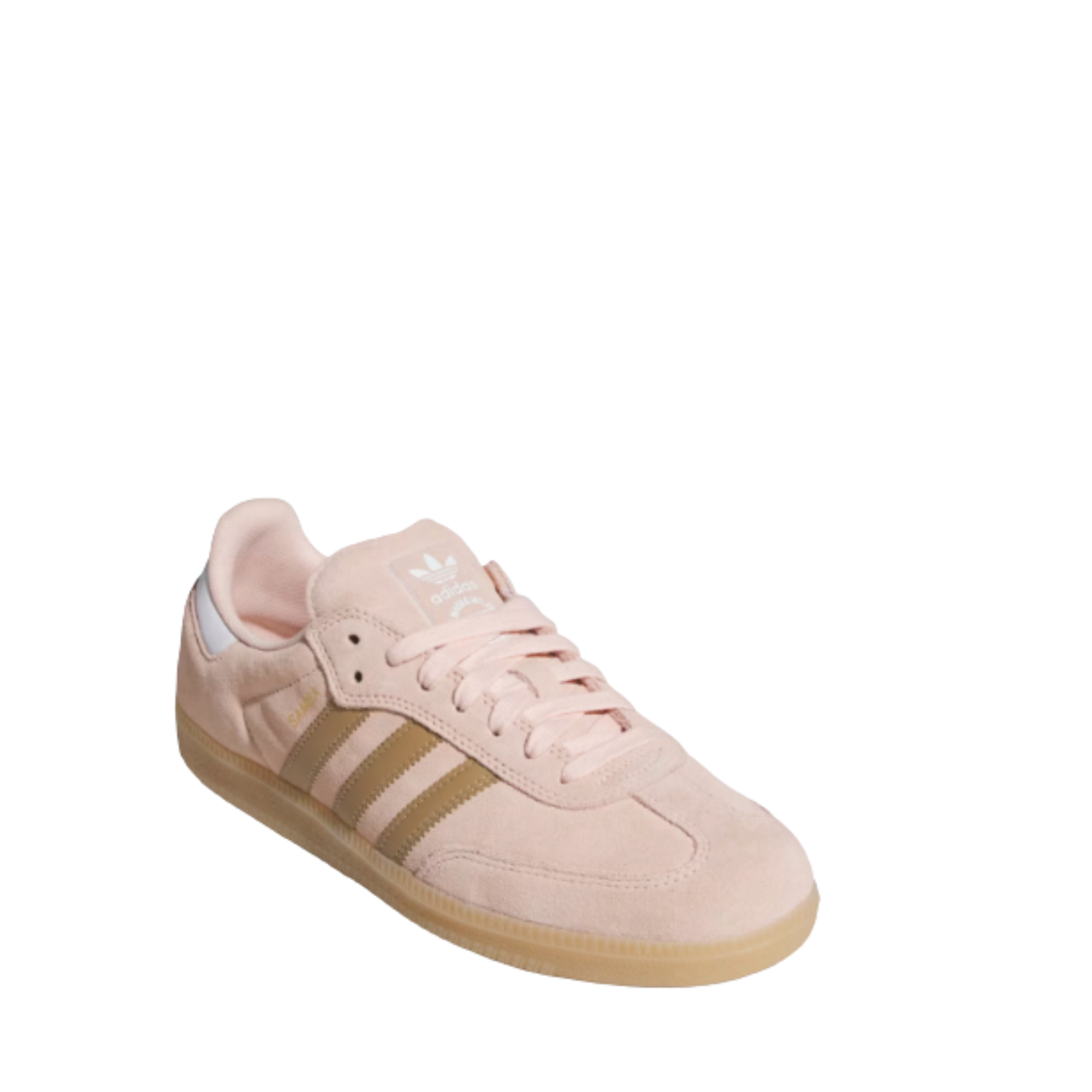 Pink Adidas samba adv sneaker with white stripes on a white background