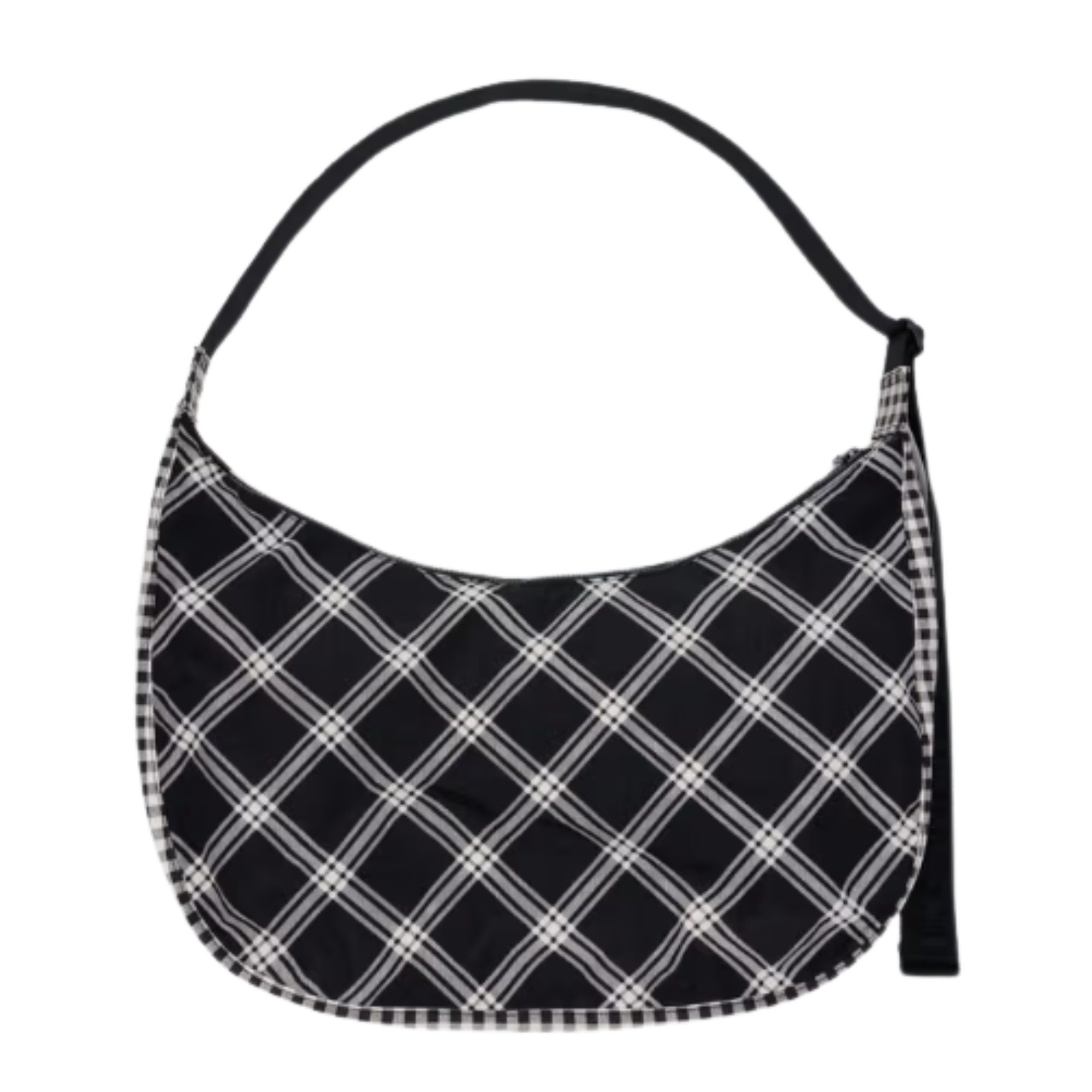 Plaid patterned baggu large nylon crescent handbag with black strap on a white background