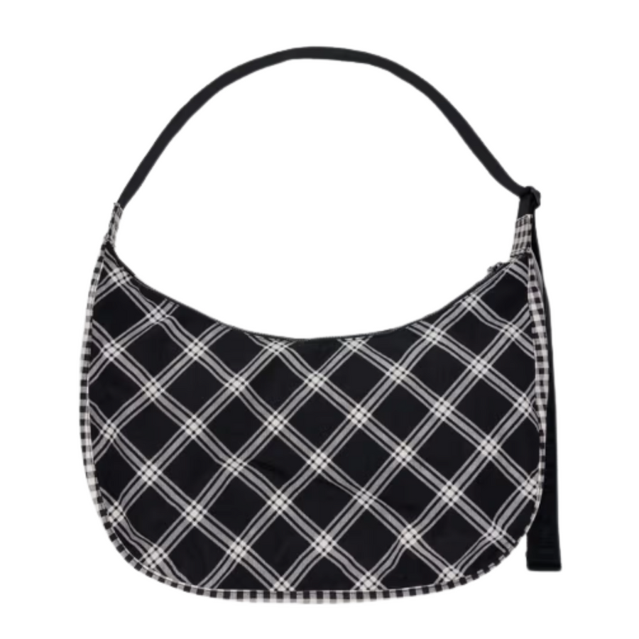 Plaid patterned baggu large nylon crescent handbag with black strap on a white background