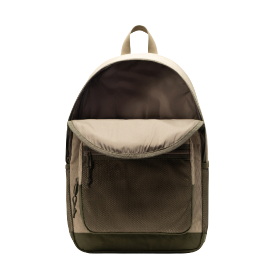 Beige herschel kaine backpack with a visible brand logo on a white background