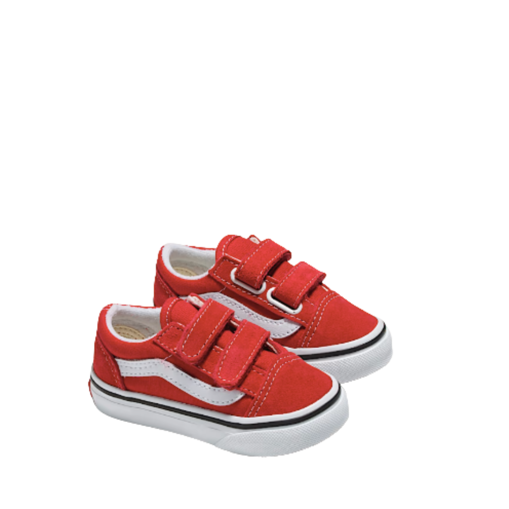 Red and white vans old skool toddler sneaker with velcro straps on a white background