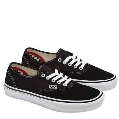 Black vans skate authentic sneaker with white laces on a white background