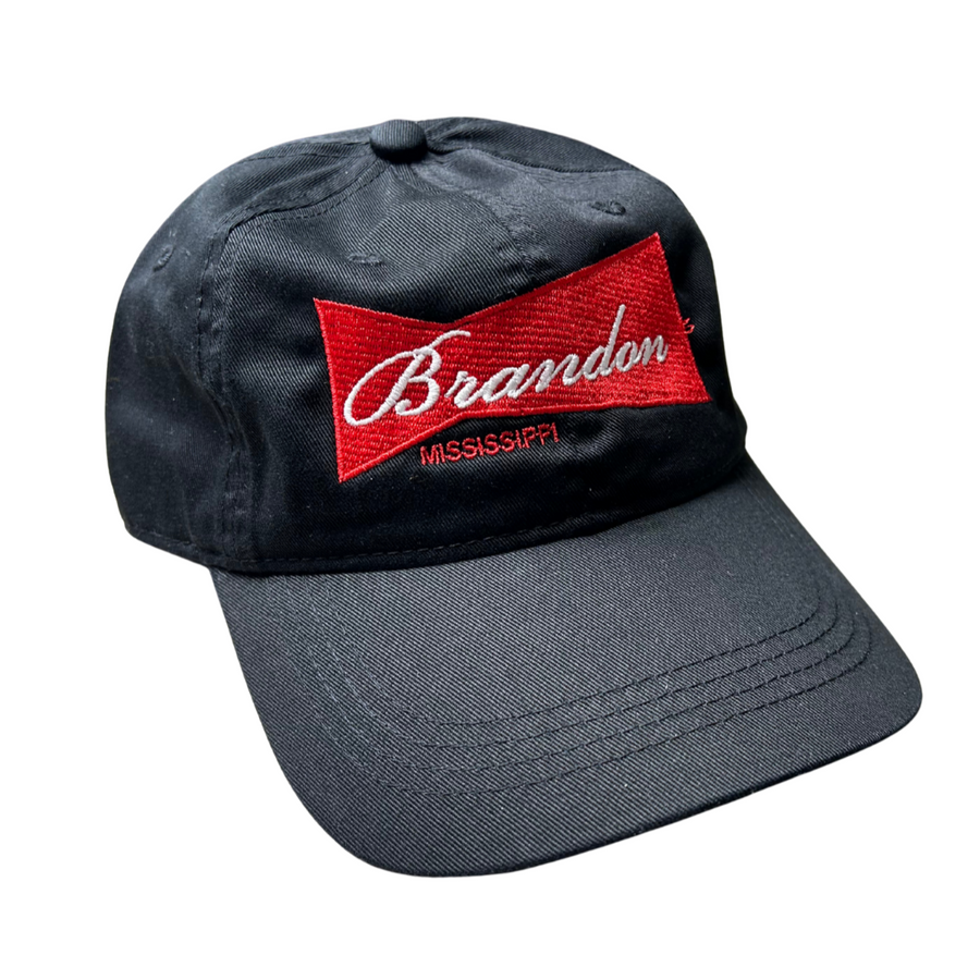 black embroidered hat with brand mississippi on a red budweiser style logo