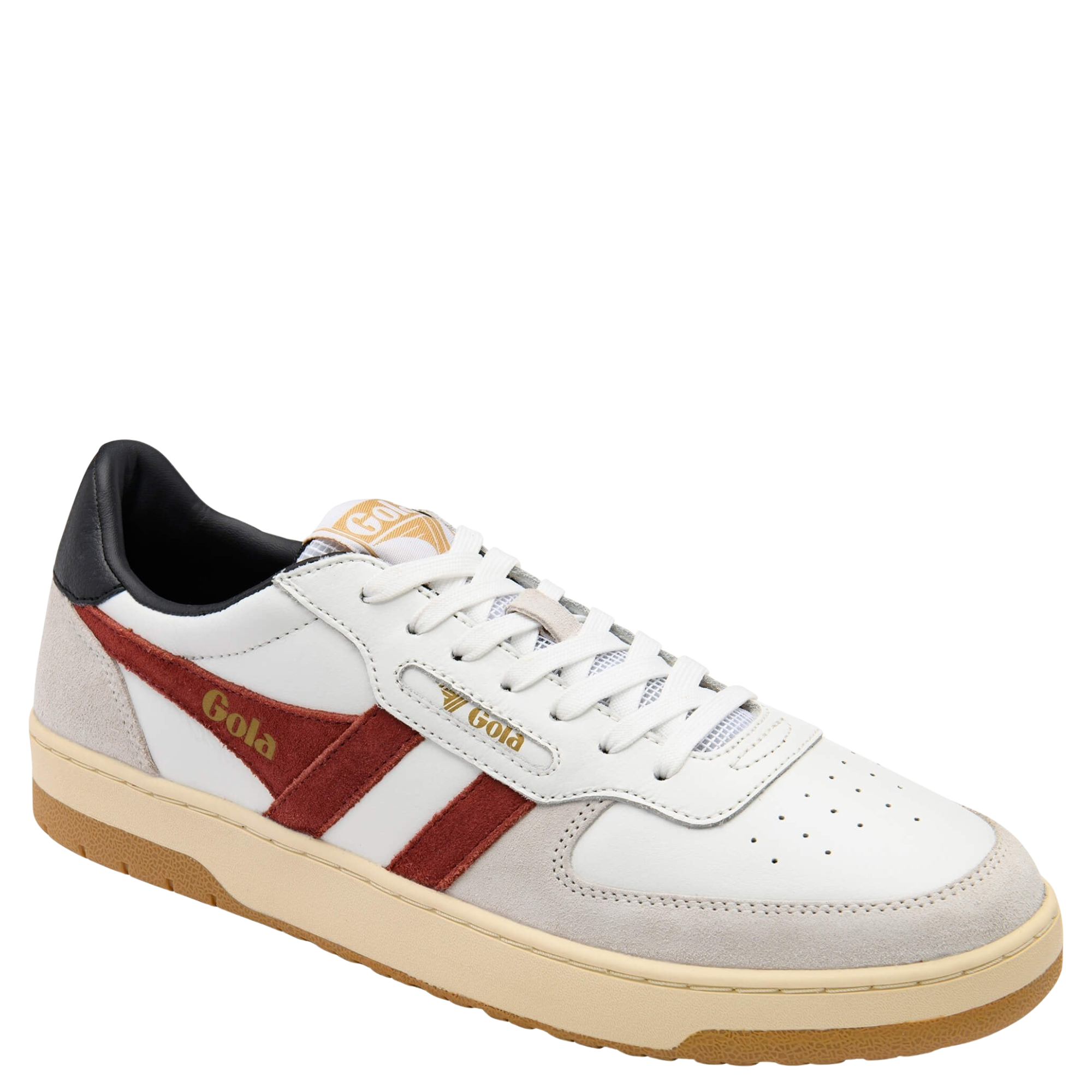 white gola men's hawk sneaker with red stripes on a white background