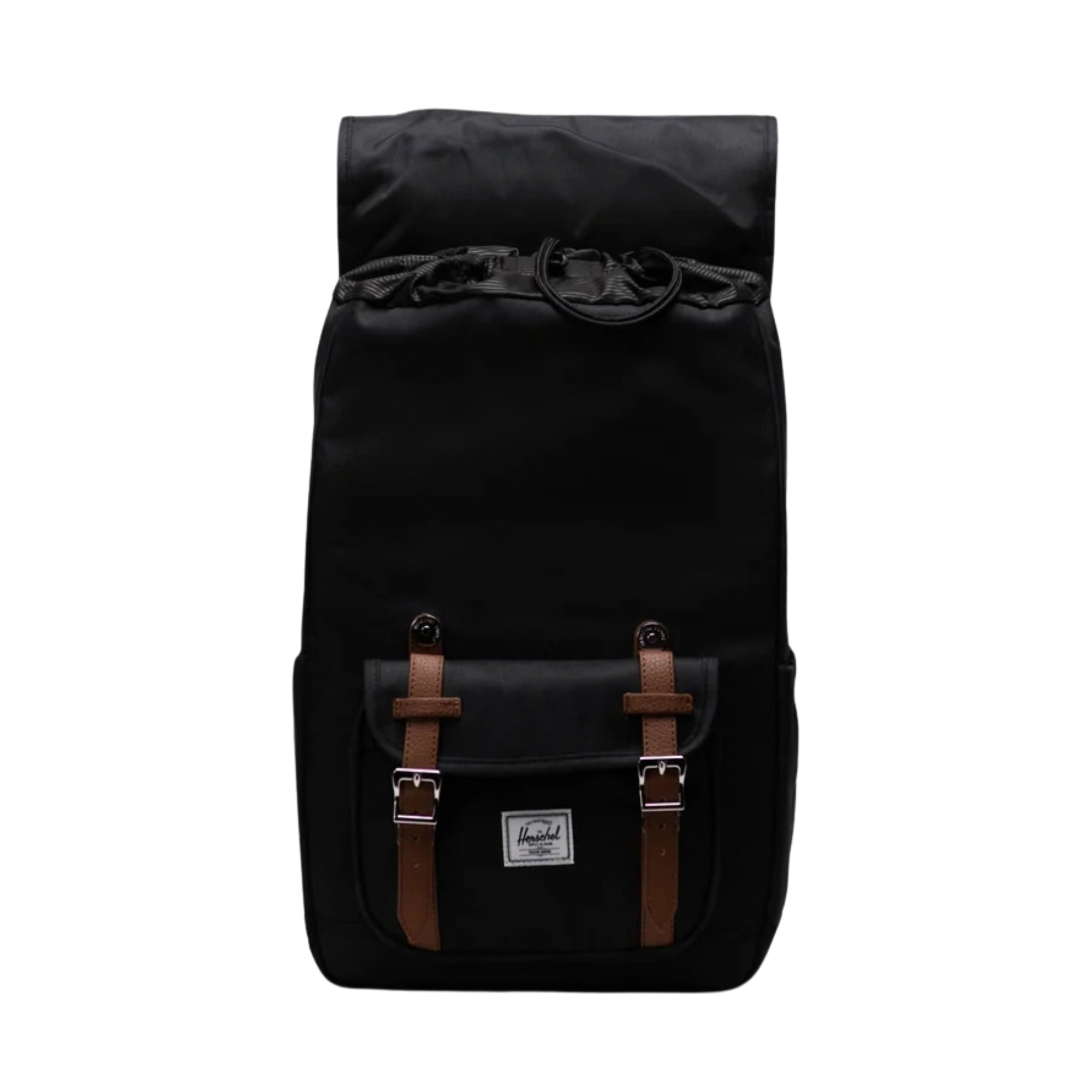 open black herschel little america backpack with tan straps on a white background