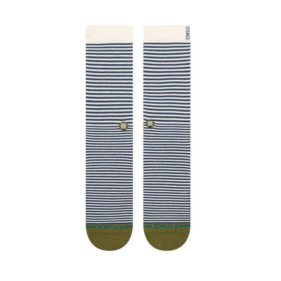navy and cream striped stance butterblend crew socks with olive heel and toe