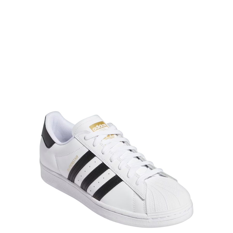 White Adidas Superstar sneaker with black stripes on a white background