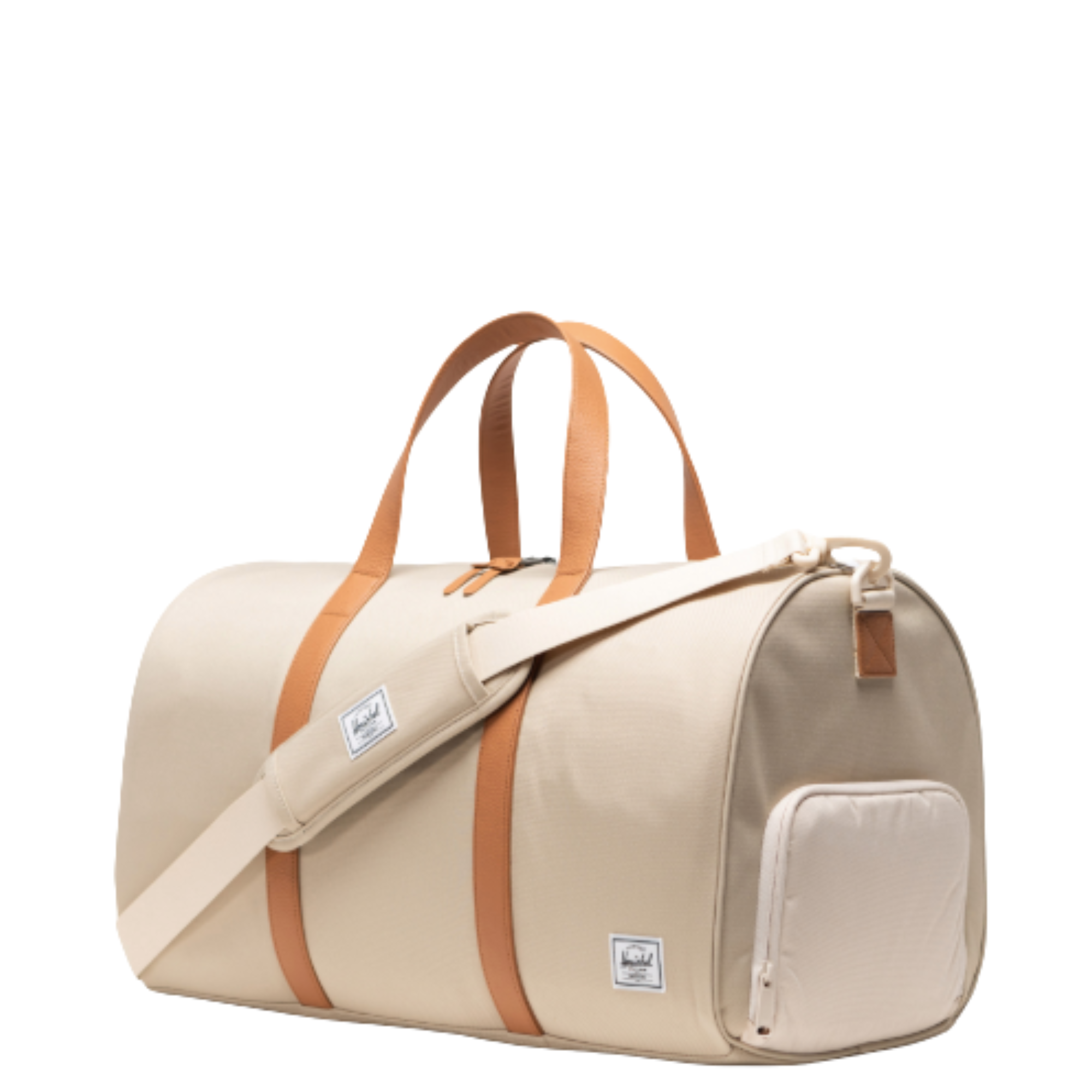 Beige herschel novel duffel bag with brown straps on a white background