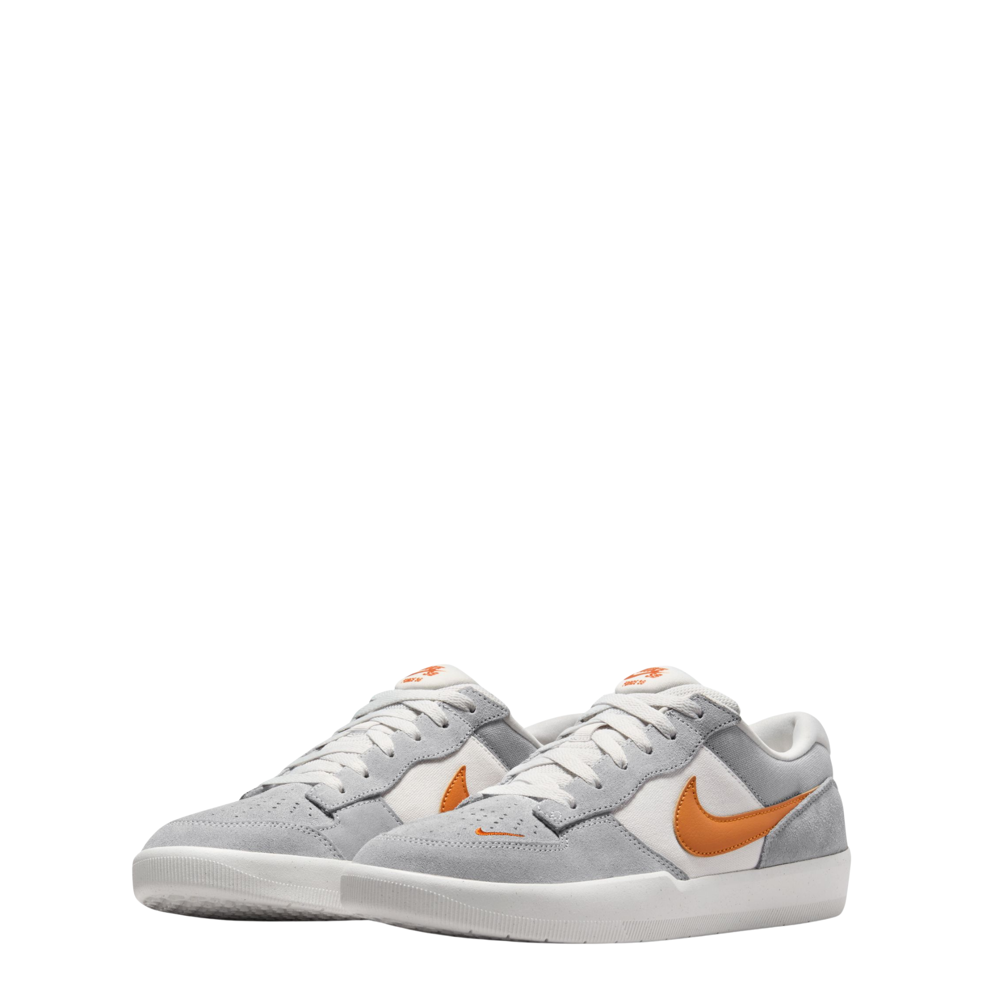 Gray NIKE SB men's force 58 sneaker with orange swoosh logo on a white background