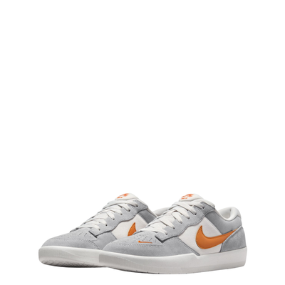 Gray NIKE SB men's force 58 sneaker with orange swoosh logo on a white background