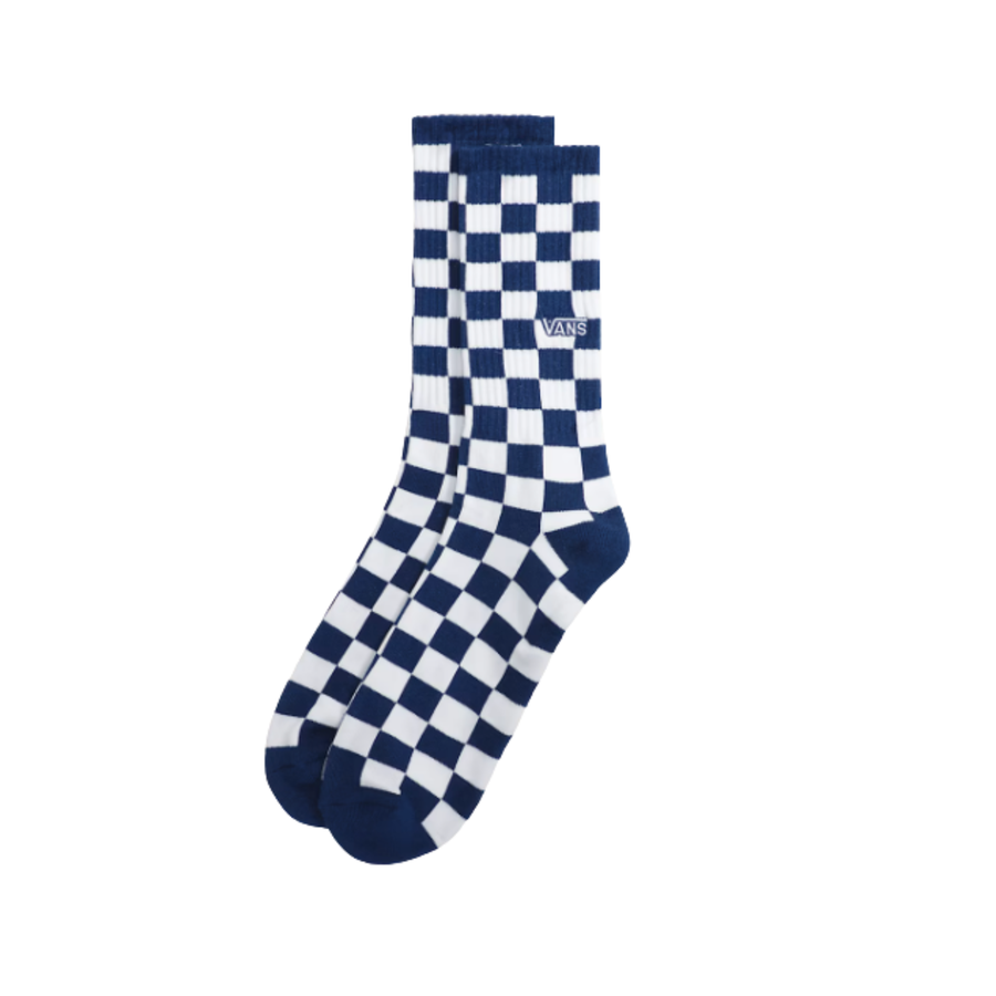 Pair of blue and white checkered vans socks on a white background