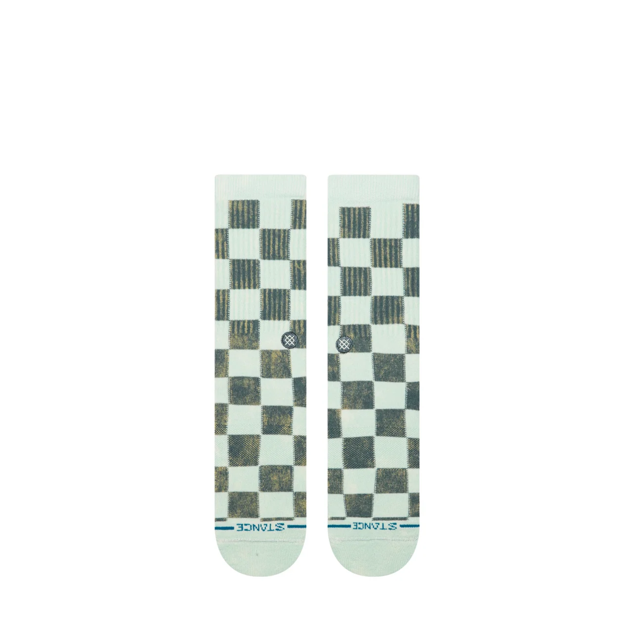 light green and dark green checkerboard stance dance floor crew socks on a white background