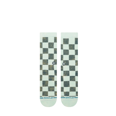 light green and dark green checkerboard stance dance floor crew socks on a white background