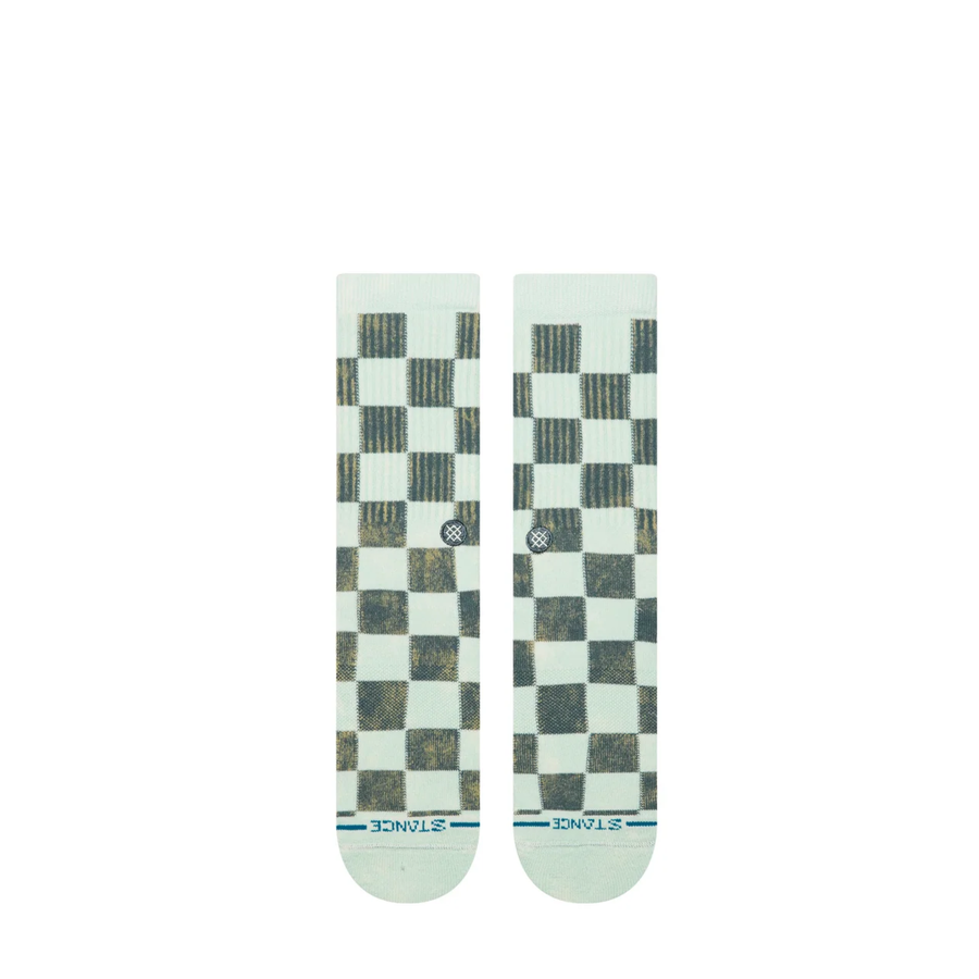 light green and dark green checkerboard stance dance floor crew socks on a white background