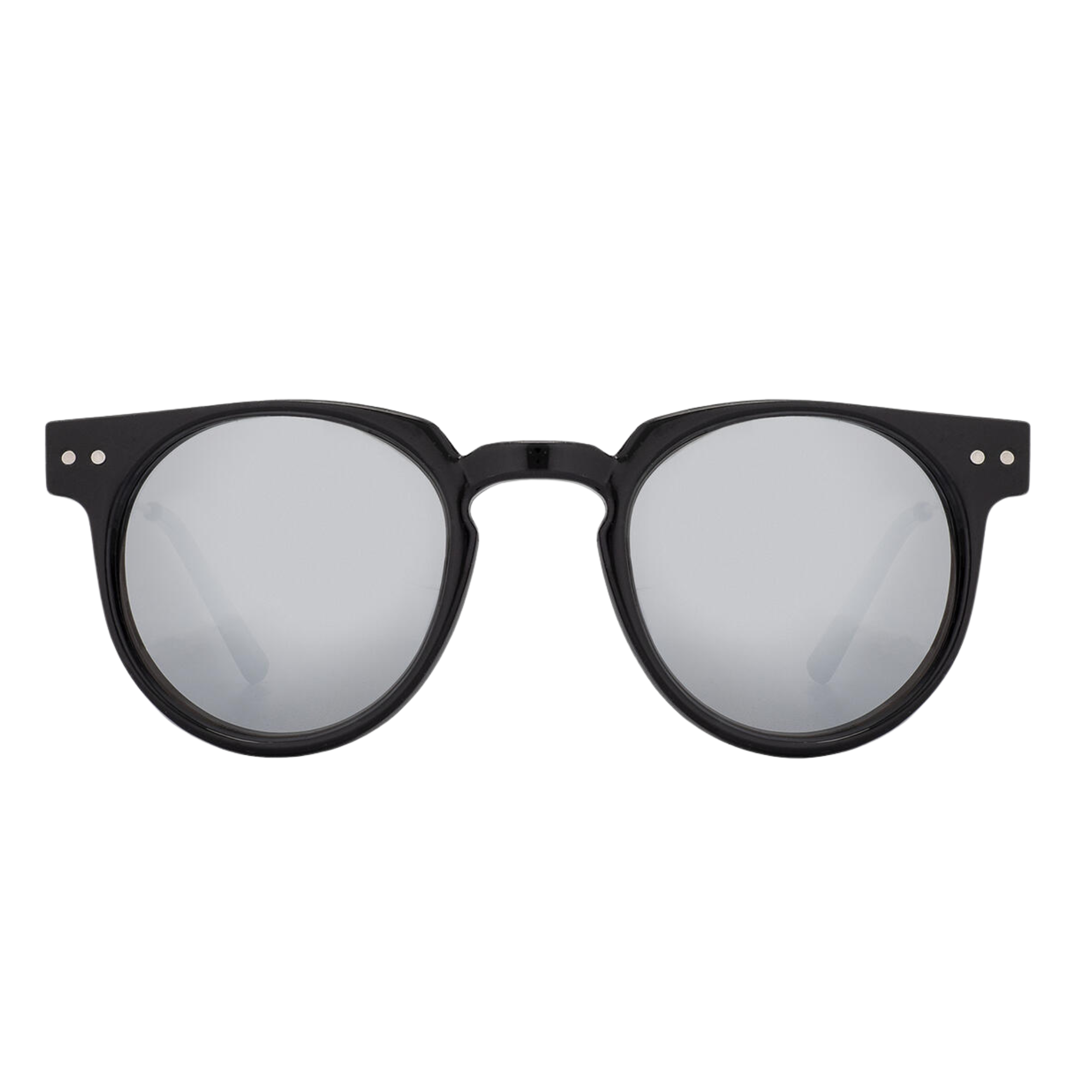 Black spitfire teddy boy sunglasses with reflective lenses on a white background