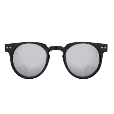 Black spitfire teddy boy sunglasses with reflective lenses on a white background