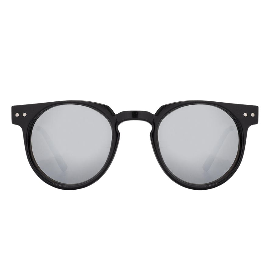 Black spitfire teddy boy sunglasses with reflective lenses on a white background