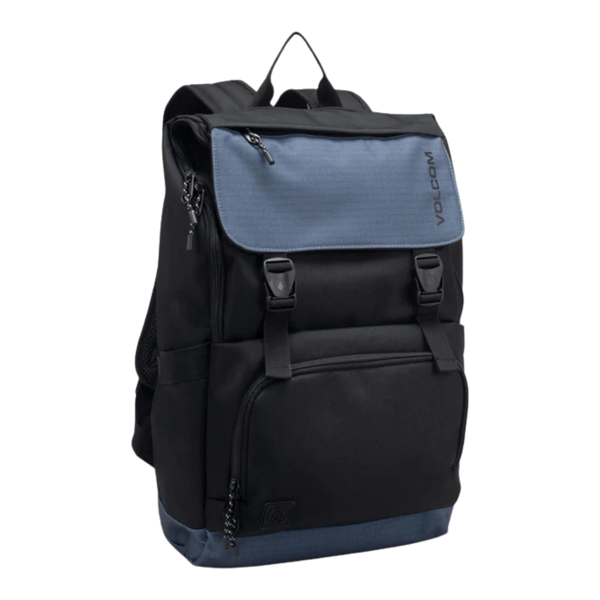 A black and slate blue Volcom backpack with multiple zippered compartments and buckle straps, shown on a plain white background.