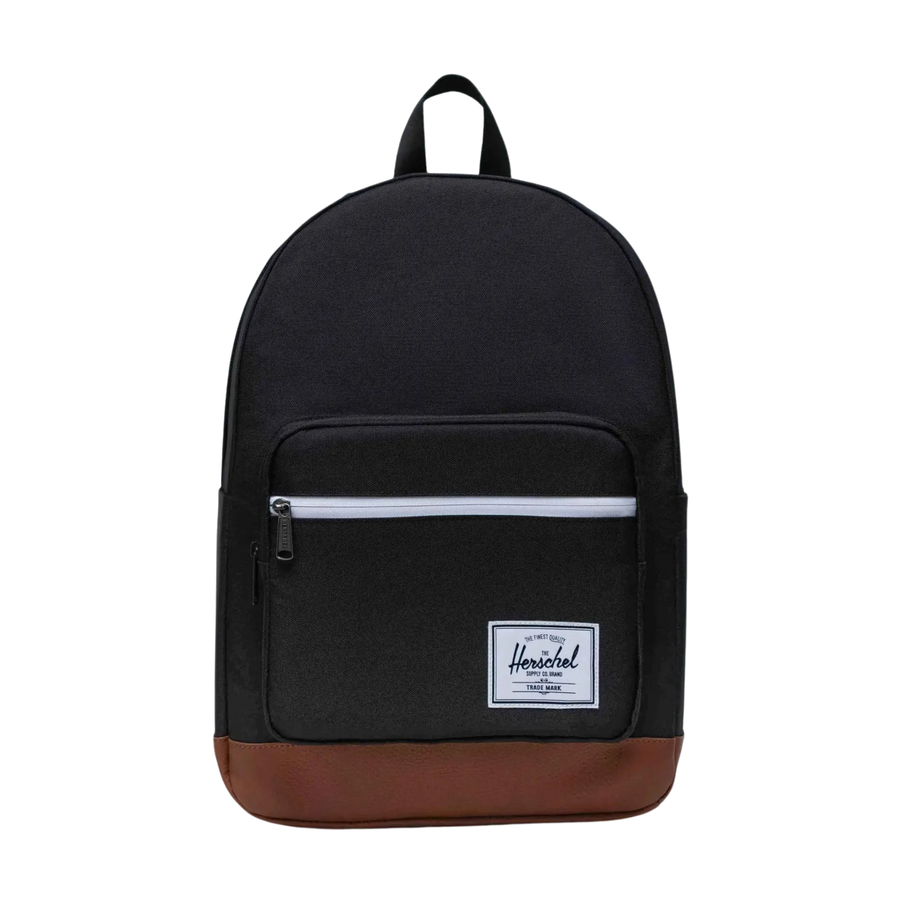 black herschel pop quiz backpack with white zipper and brown bottom