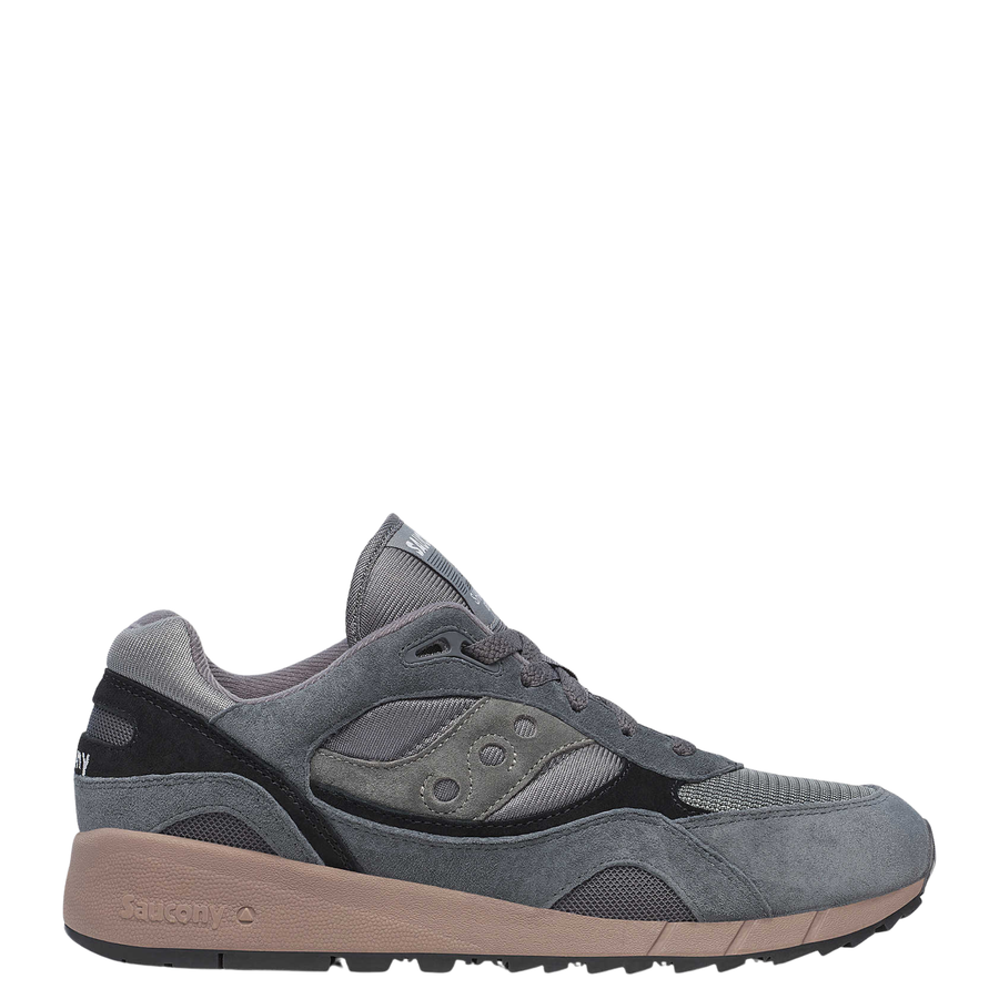 Gray men's saucony 6000 sneaker with brown sole on a white background