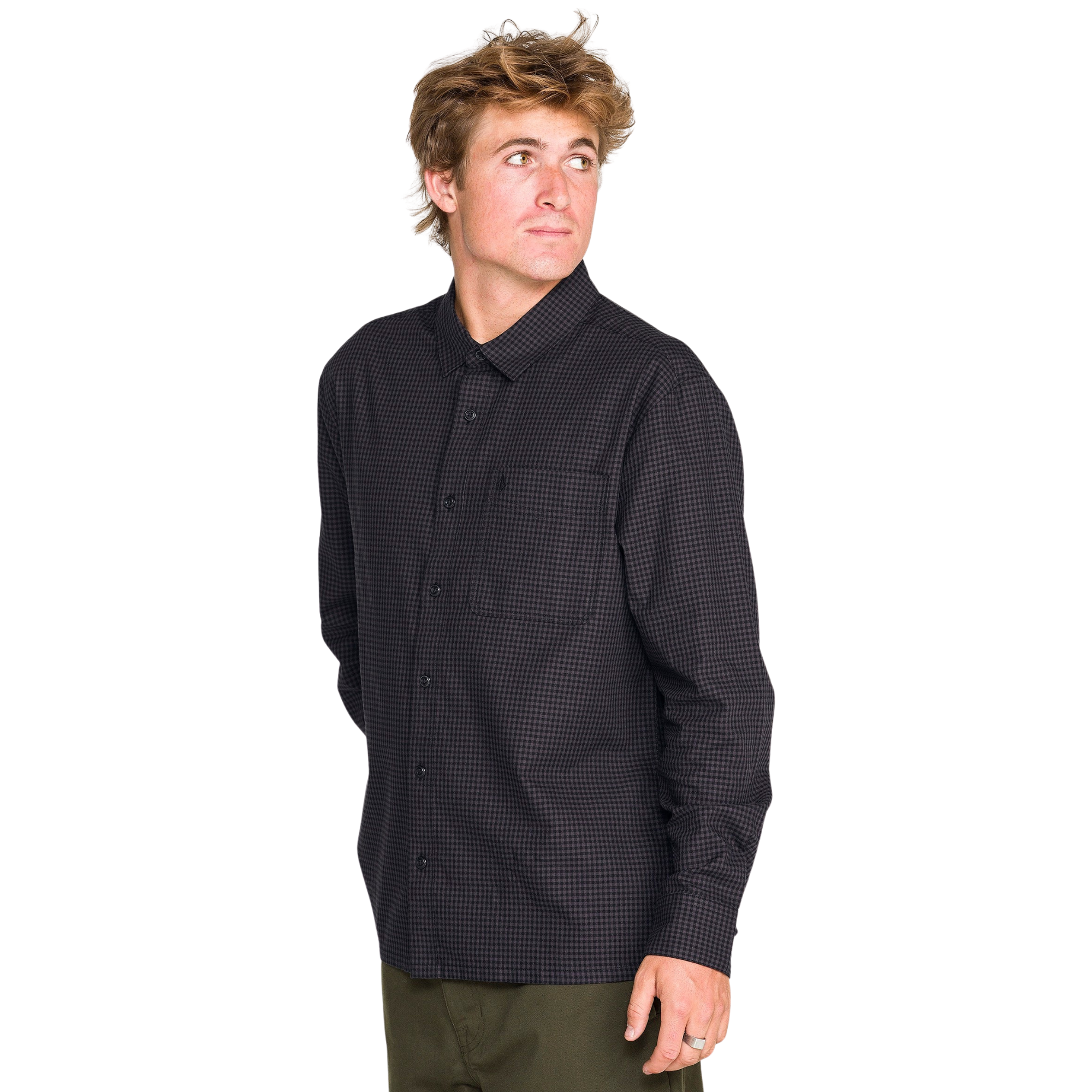 black long sleeve volcom button up shirt for men on a white background