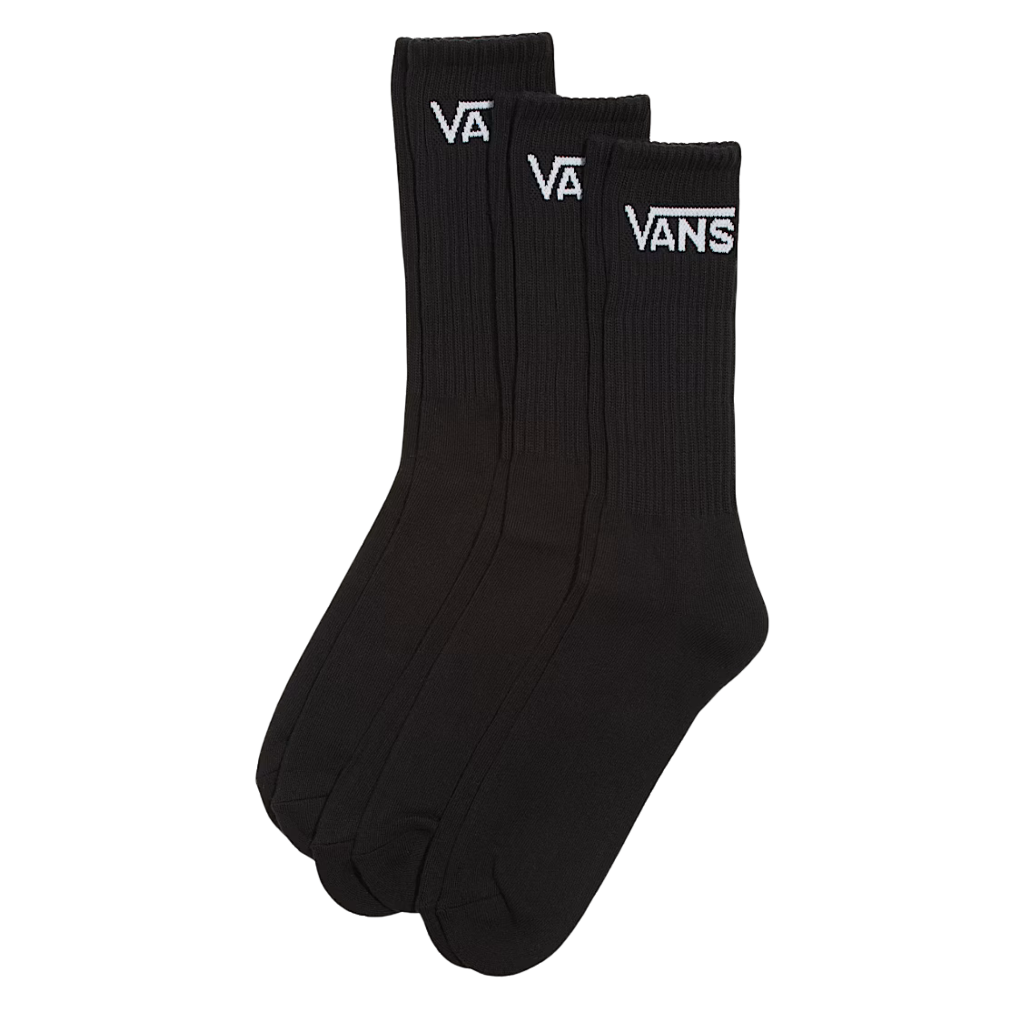 Three pairs of black socks with white 'VANS' logo on a white background