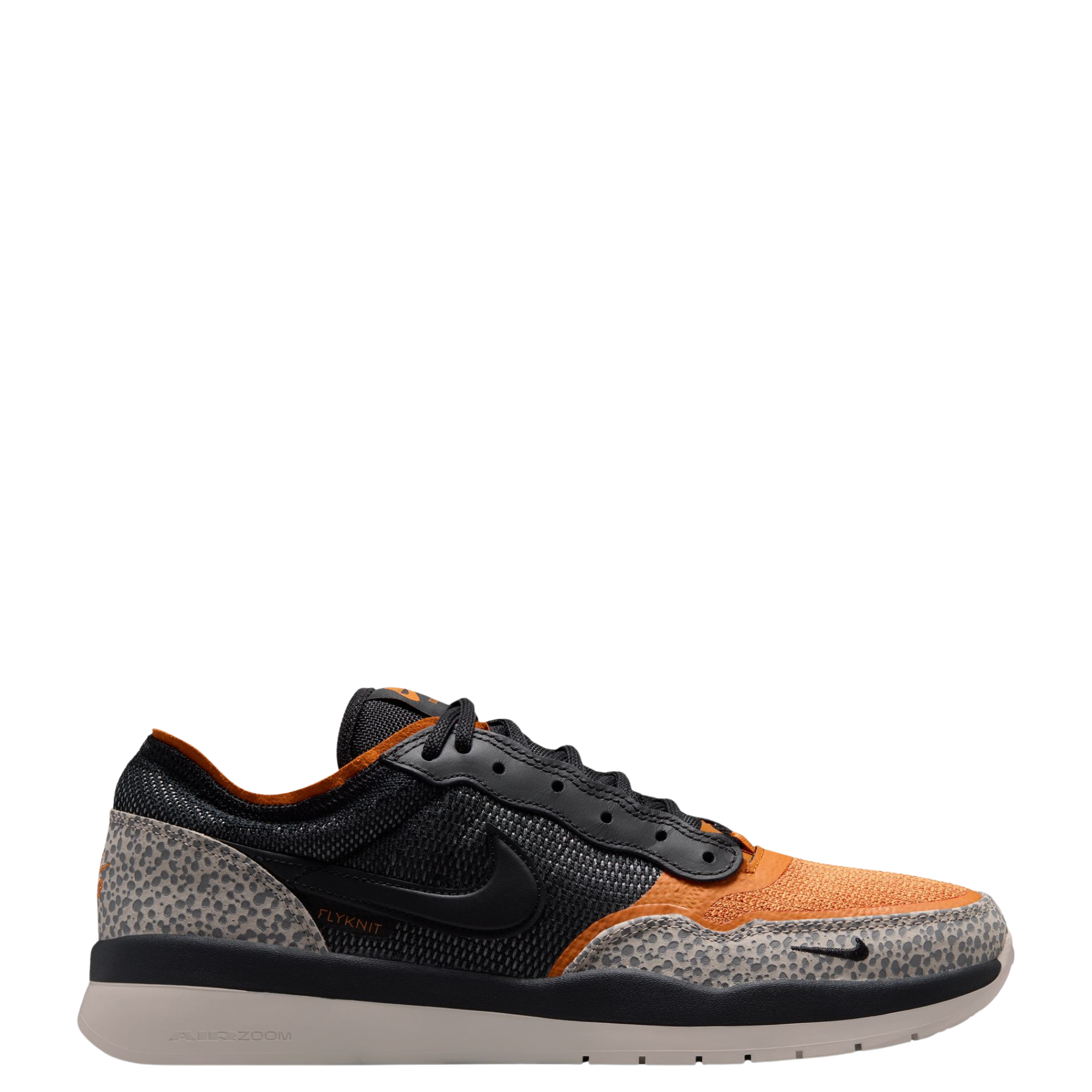 A Nike SB PS8 skateboard sneaker in black, orange, and gray leopard print, shown from a side profile on a white background.