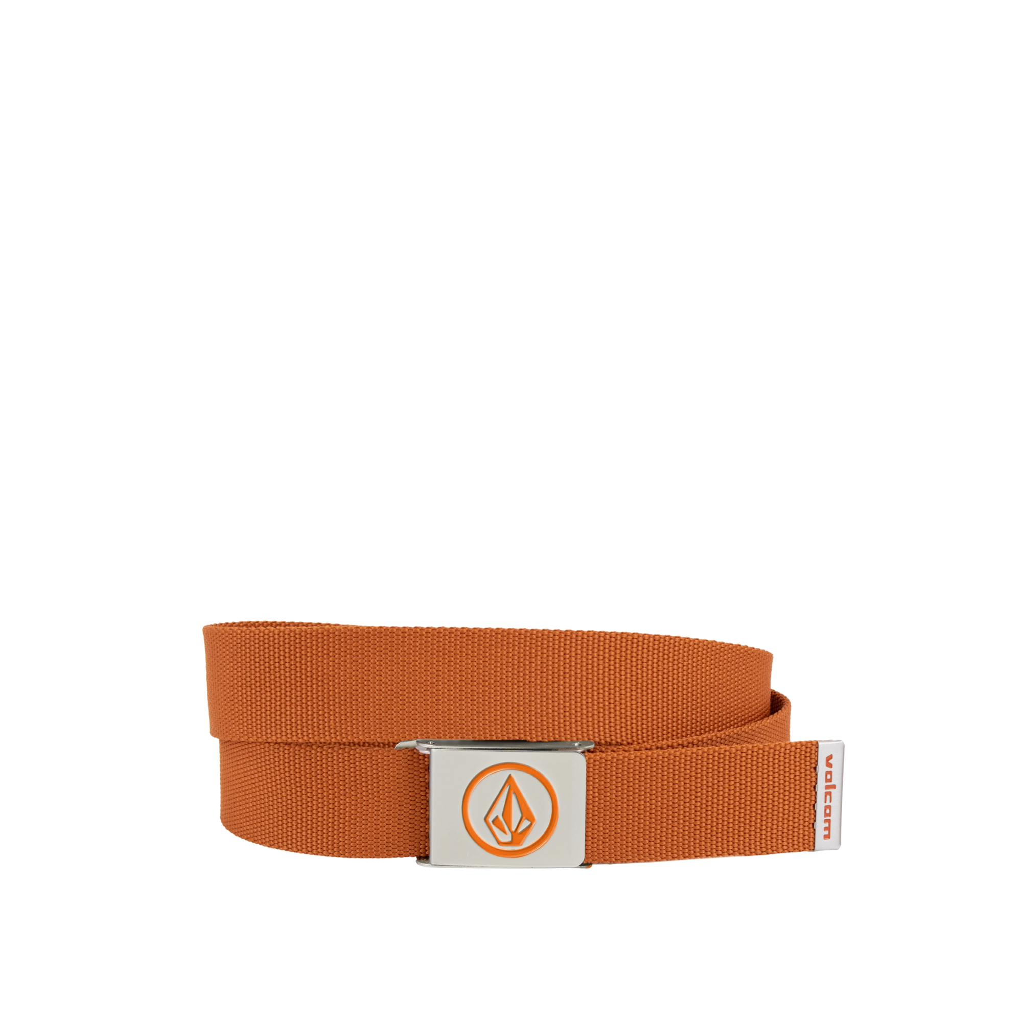 An orange volcom circle woven web belt with a silver metal buckle featuring a circular orange logo, coiled on a plain white background.